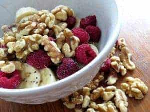 nuts with bananas and raspberries