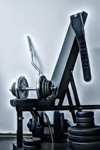 bench, dumbbells and weights