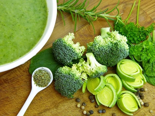 soup, broccoli and leeks on the table