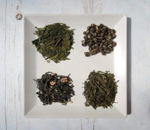 Four varieties of green tea on a plate