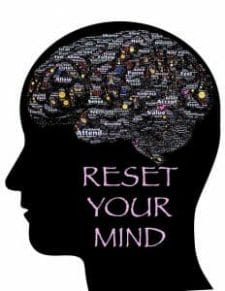 Illustration showing the head, the outline of the brain and the inscription: reset your mind