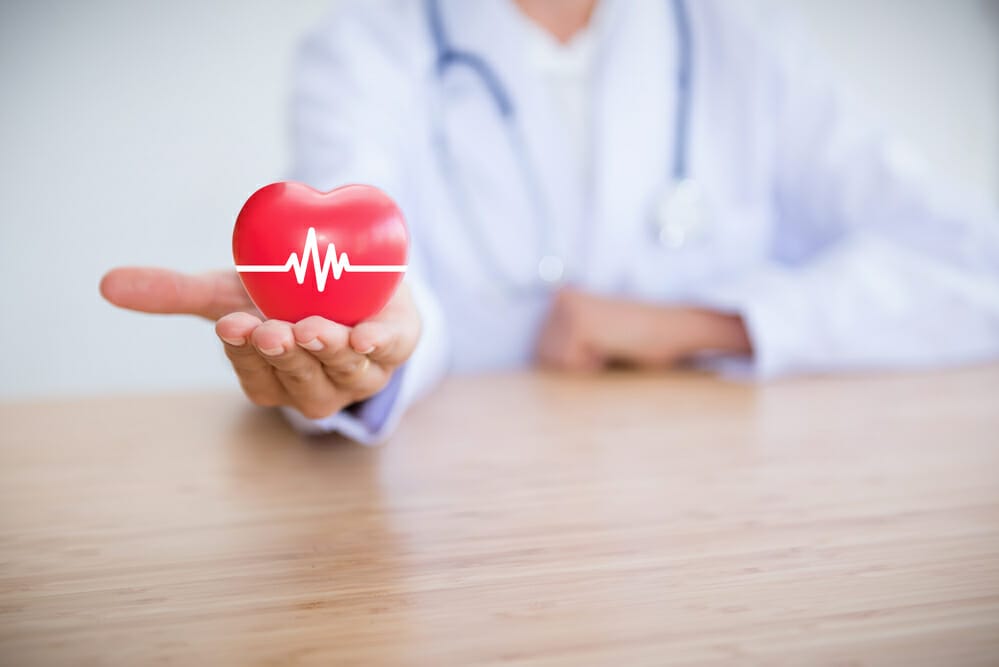 The doctor holds up a replica of the heart